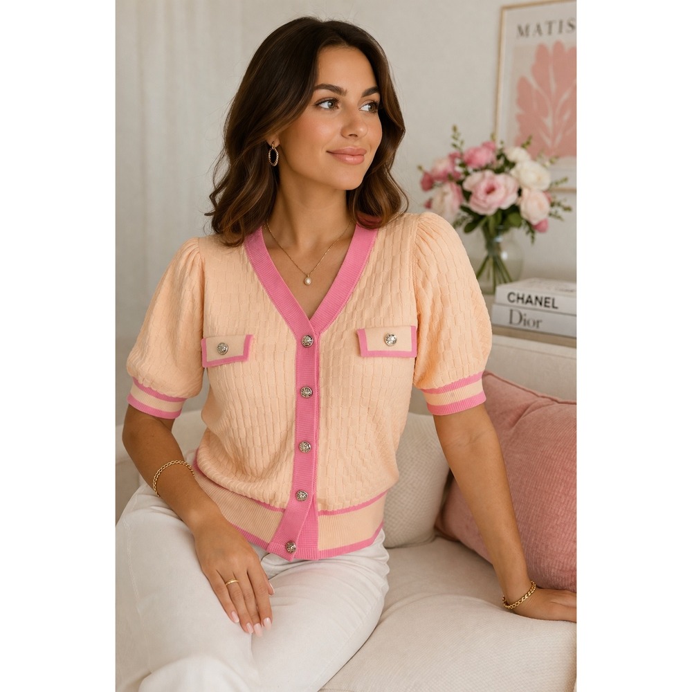 Nanette Lepore Peach Pink Knit Cardigan Short Sleeve Preppy Work Office Chic‎ S
